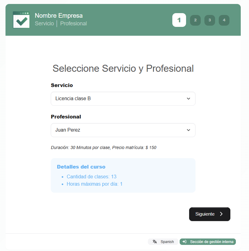 Portal de inscripción - selección de servicio