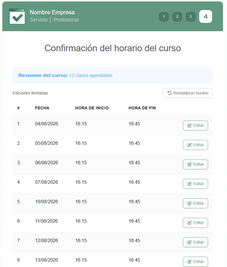 Confirmación de horario del curso