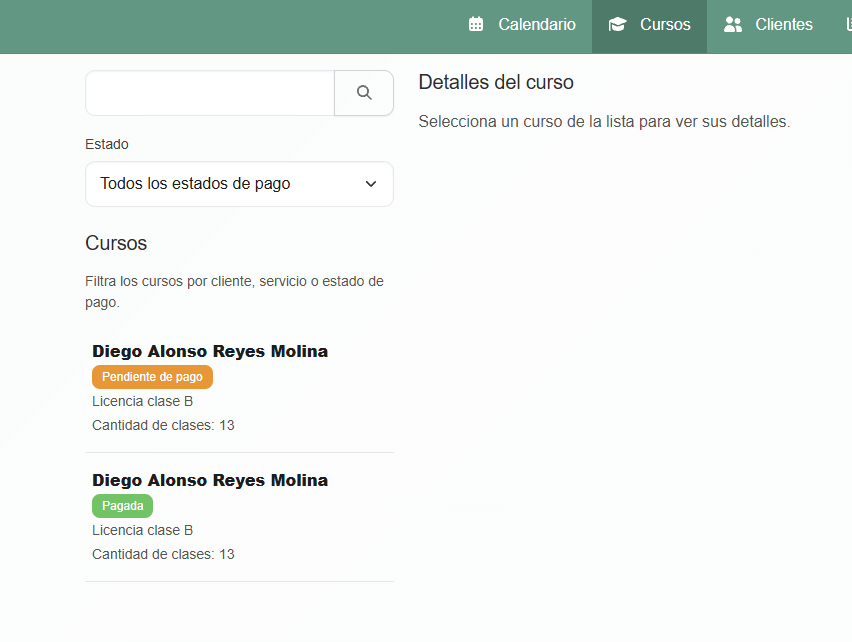 Panel de gestión de cursos
